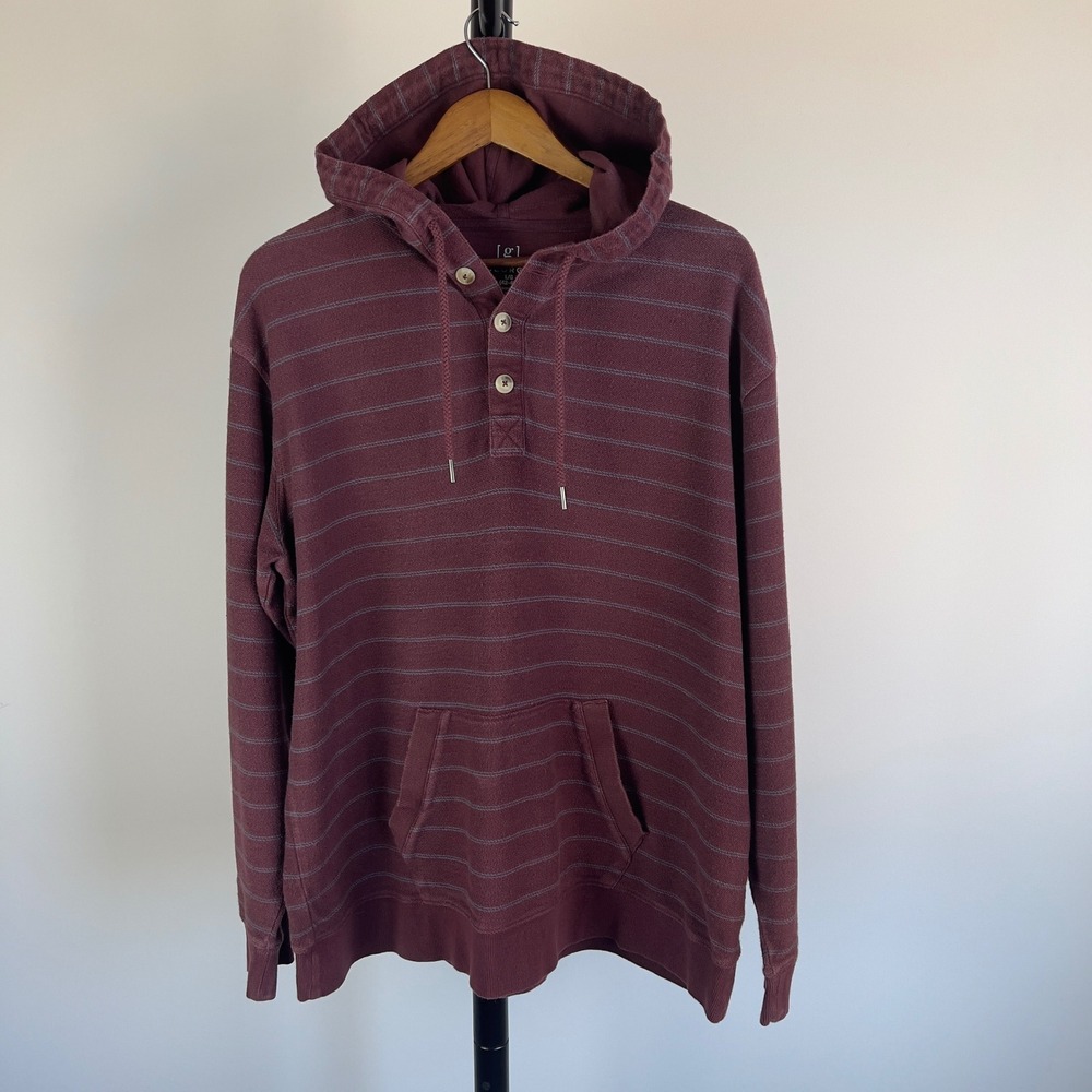 George Mens Maroon Striped Henley Hoodie Large L 100% Cotton Burgundy Pullover